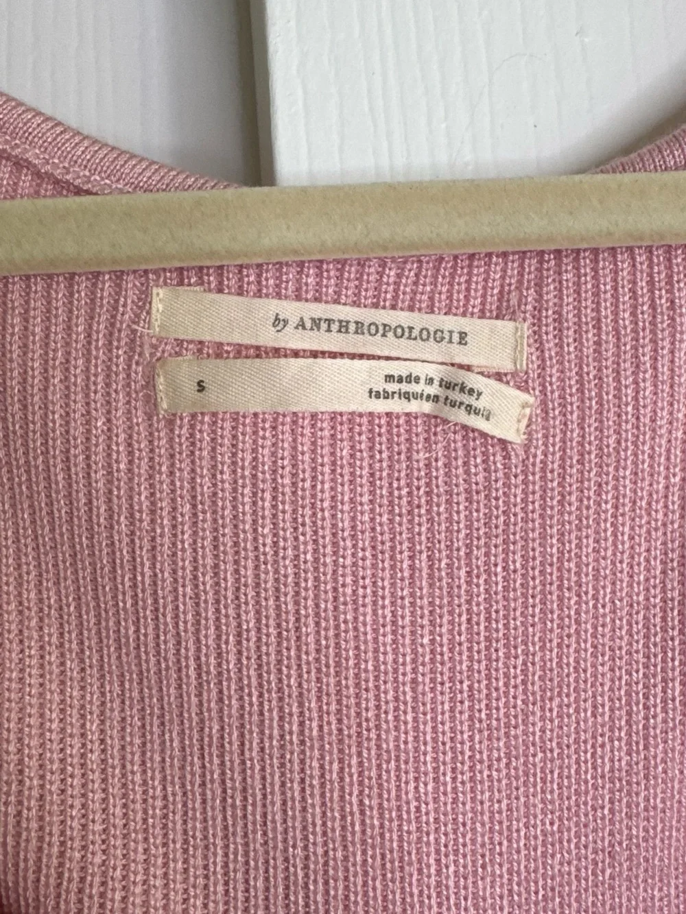 Anthropologie Ribbed Knit Top Lace Sheet Sleeves Sweetheart Neck Soft Pink Small